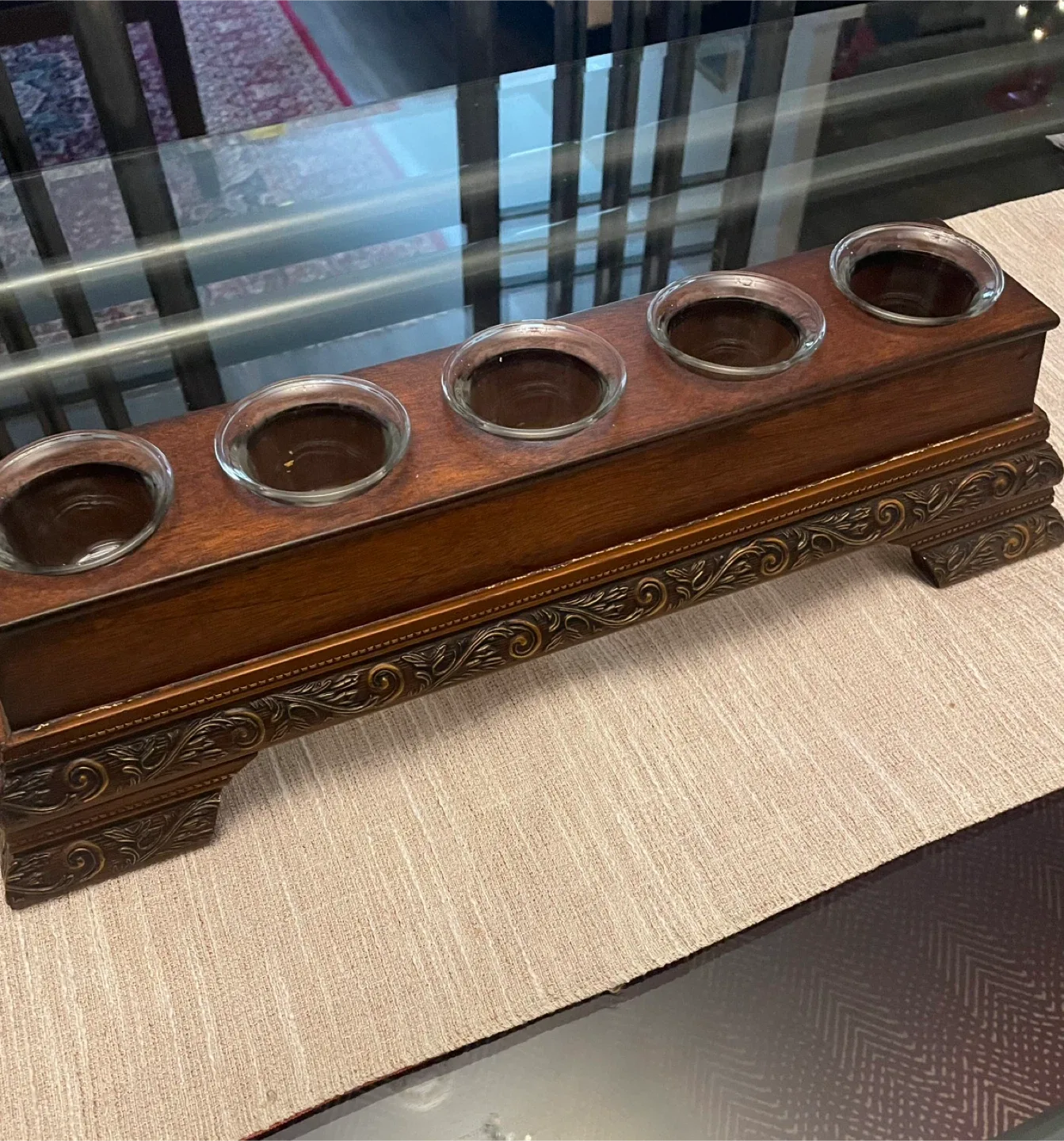 Wooden Candle Holder with 5 Glass Inserts