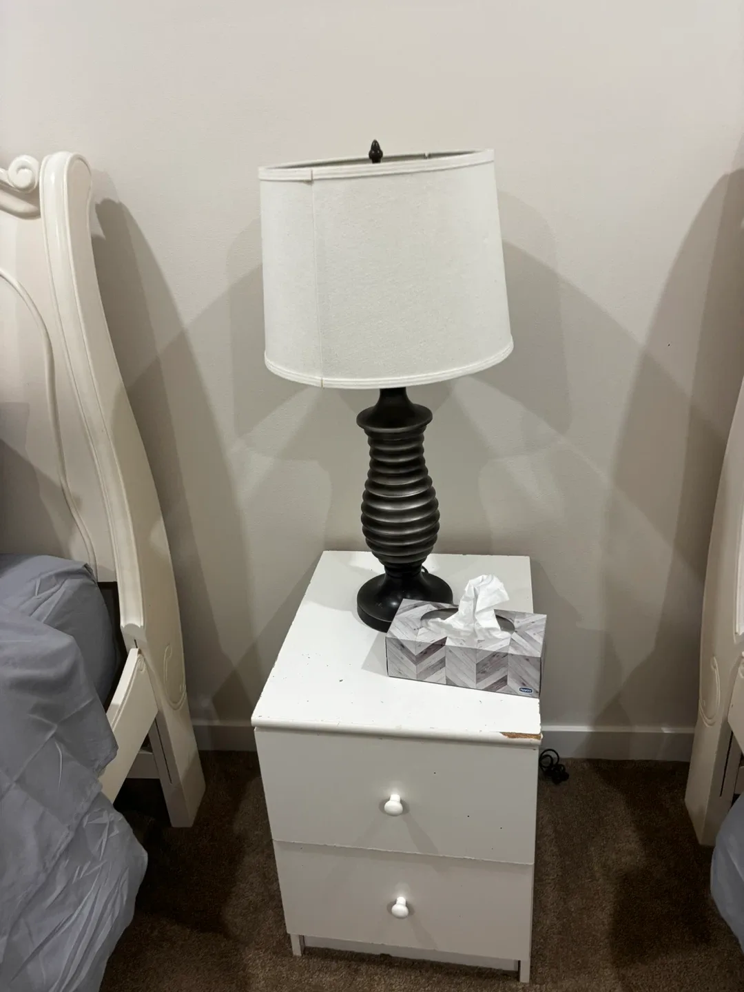 Two twin beds, mattresses, bedding, nightstand, desk and chair image indicator(2)