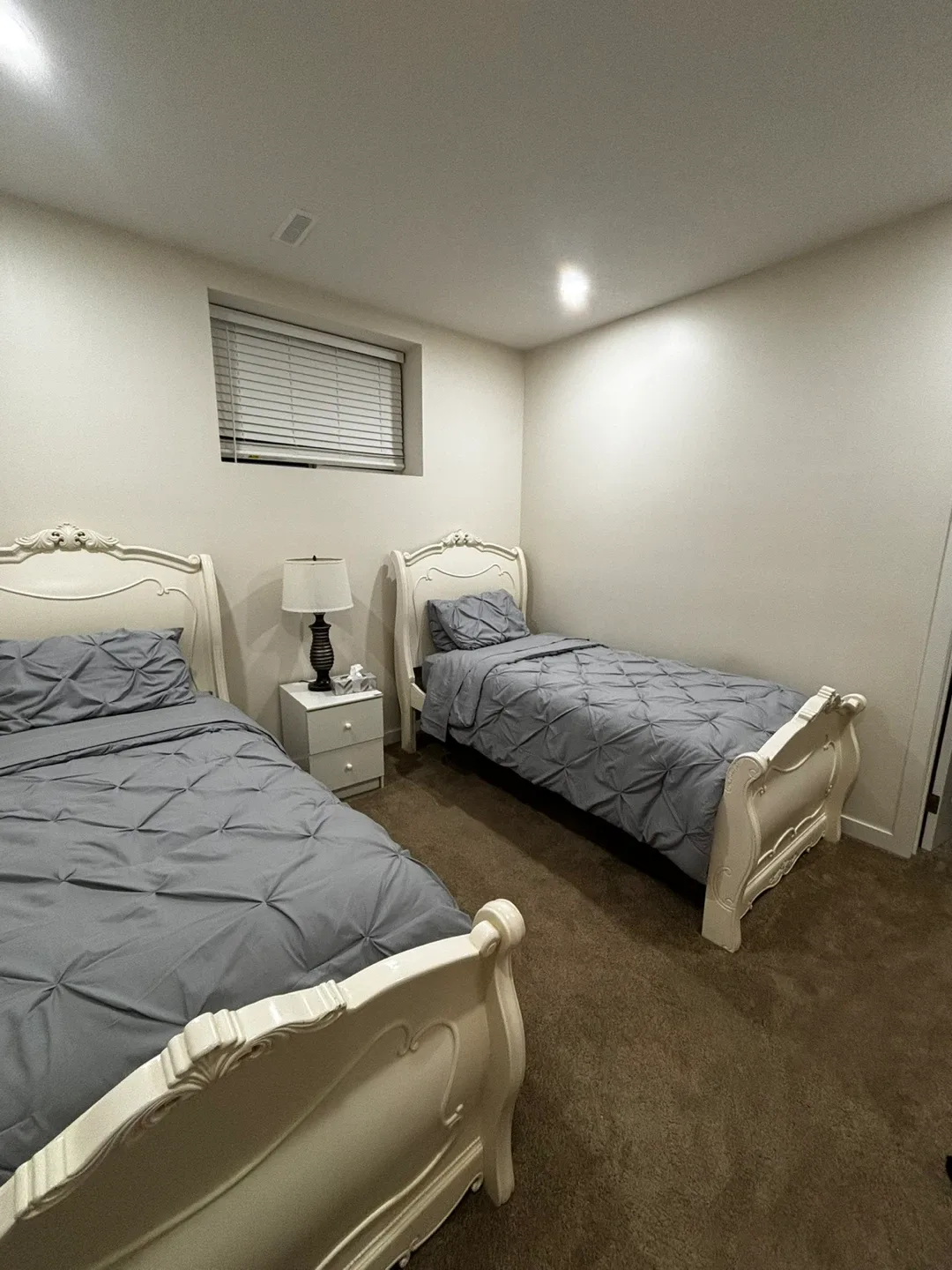 Two twin beds, mattresses, bedding, nightstand, desk and chair