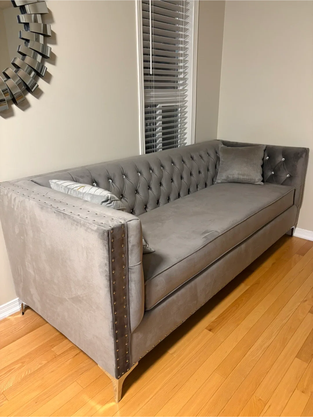 Grey Velvet Tufted Sofa