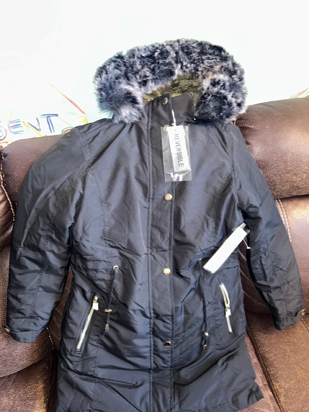 Reversible Puffer Coat with Faux Fur Hood