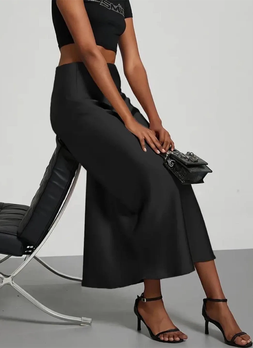 Black Satin Midi Skirt, size S