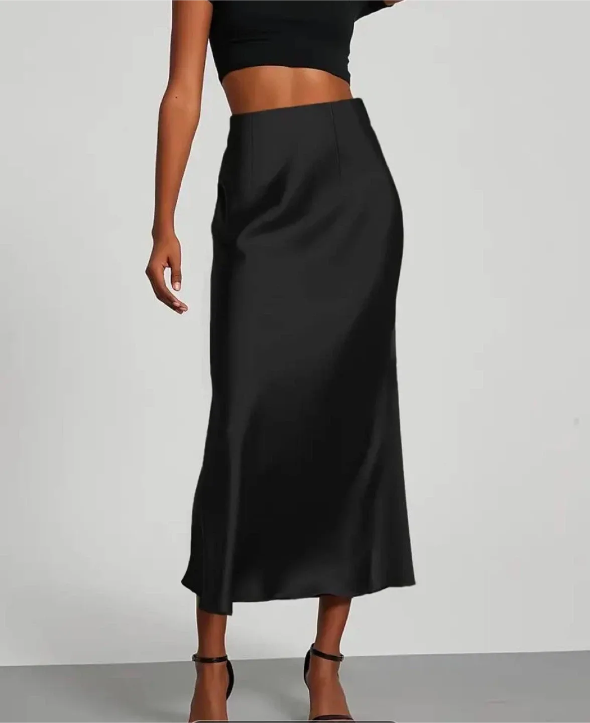 Black Satin Midi Skirt, size S image indicator(7)