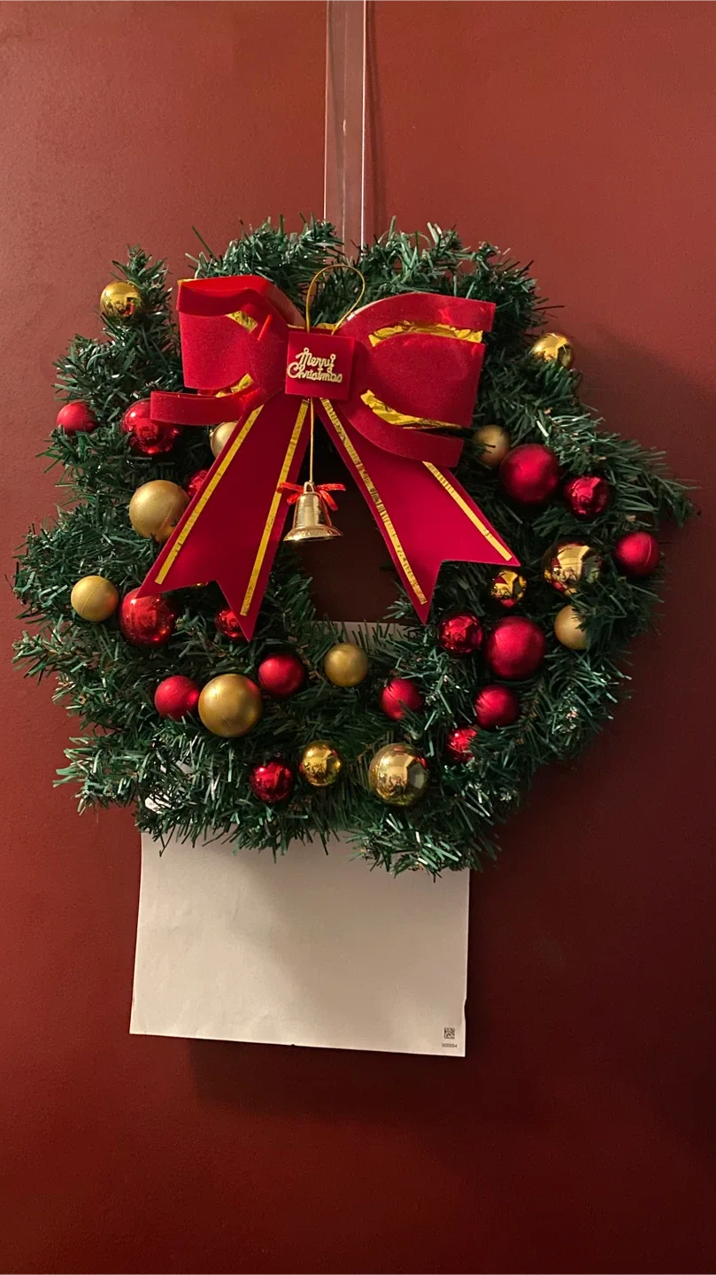 Christmas Wreath with Red Bow and Ornaments