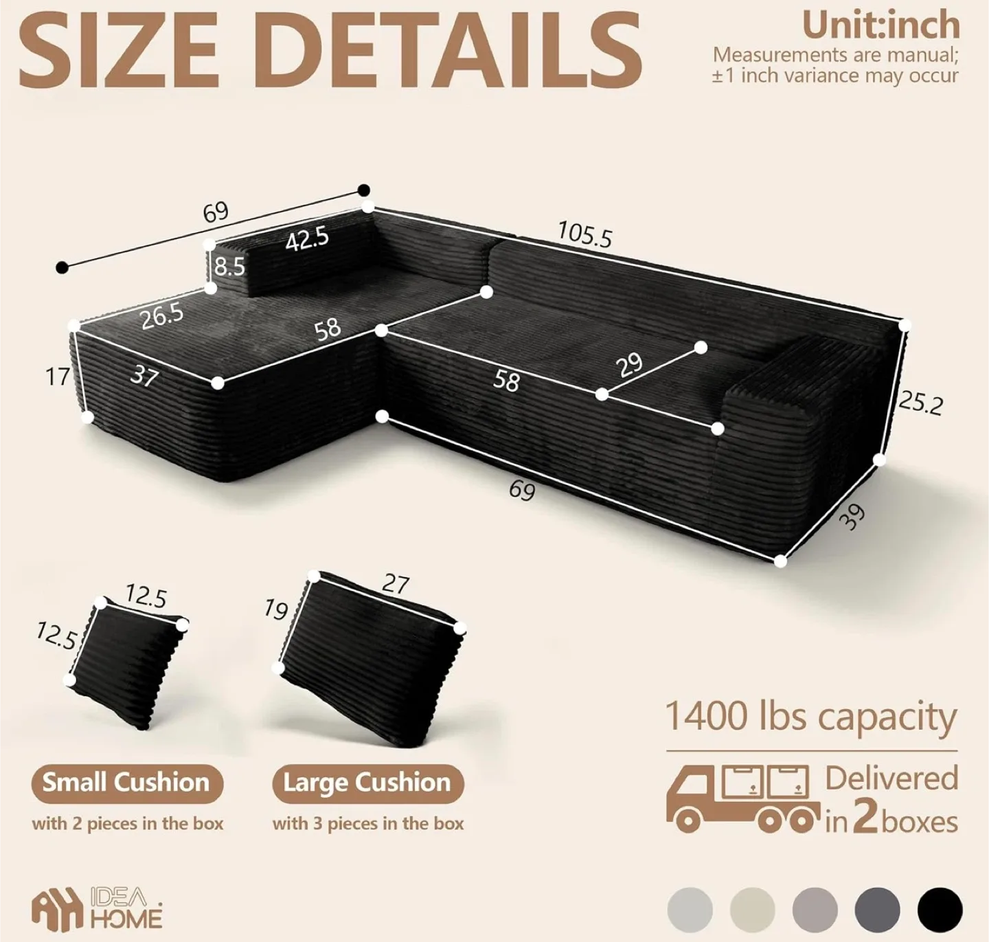 Idea Home Black Corduroy Sectional Sofa image indicator(5)