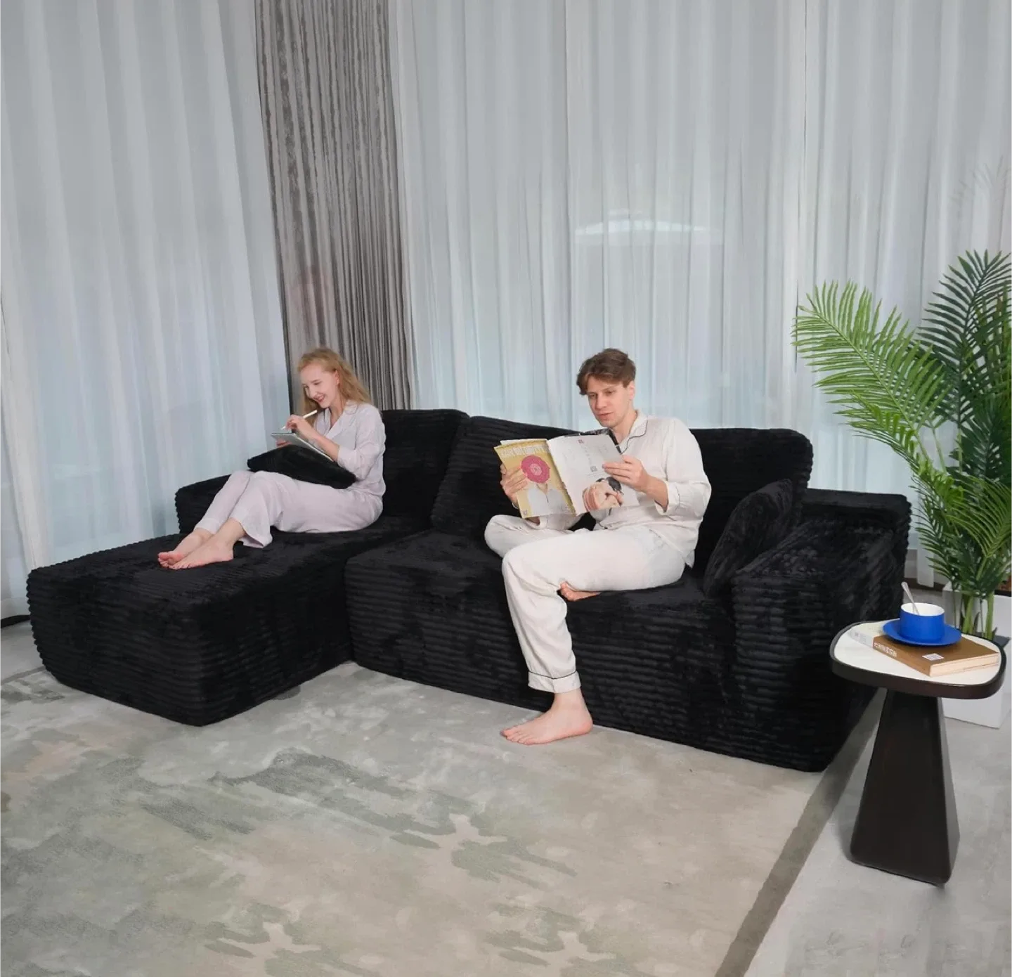 Idea Home Black Corduroy Sectional Sofa image indicator(3)