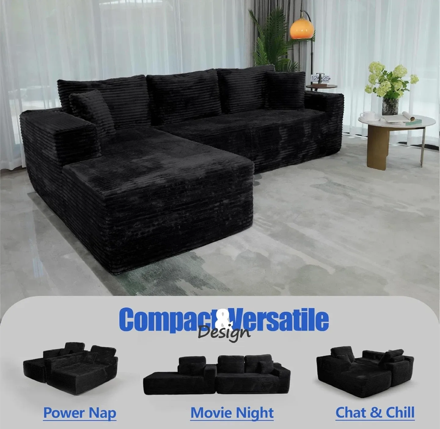 Idea Home Black Corduroy Sectional Sofa