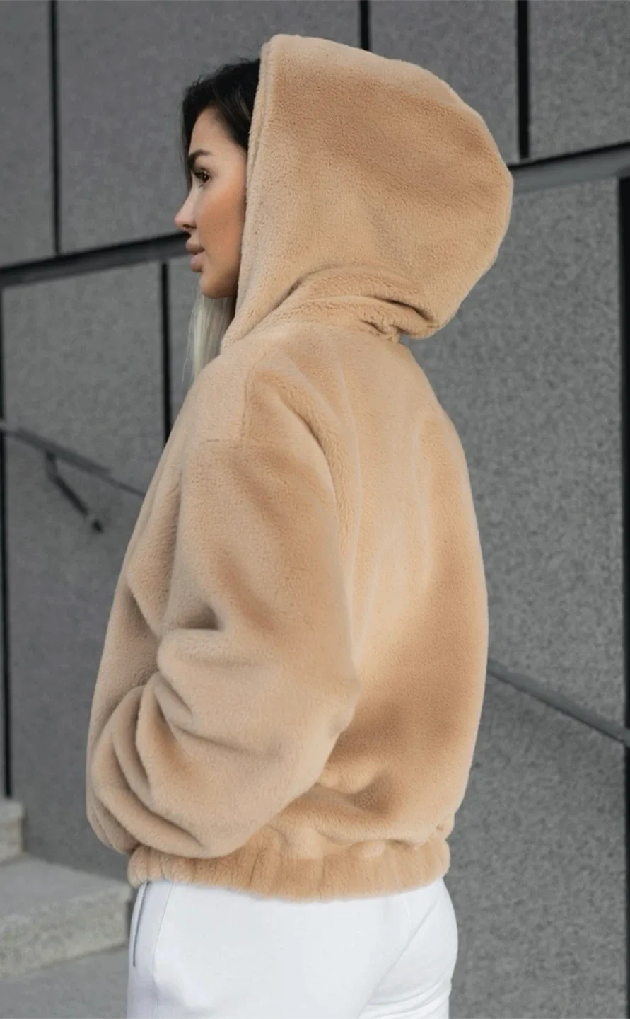 Fuzzy Beige Hooded Women’s Jacket image indicator(4)