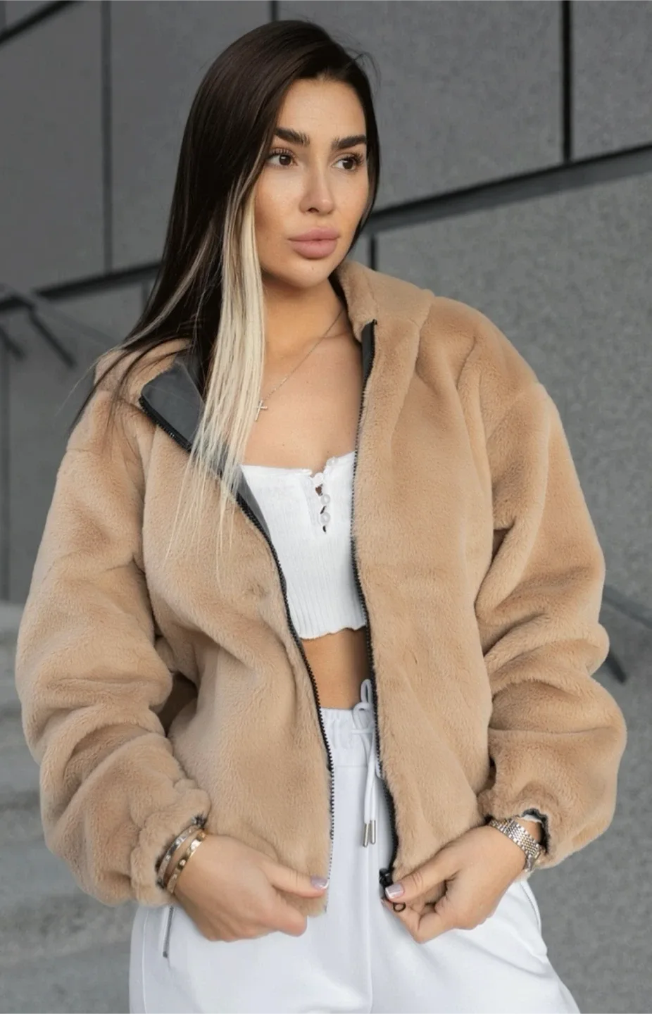 Fuzzy Beige Hooded Women’s Jacket image indicator(5)