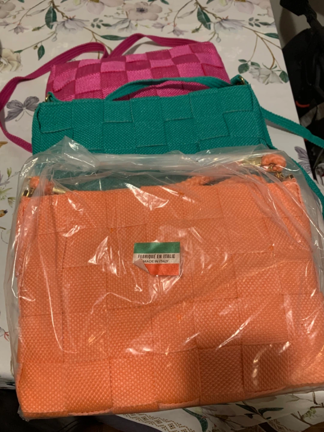 Woven Handbags - Orange, Green & Pink