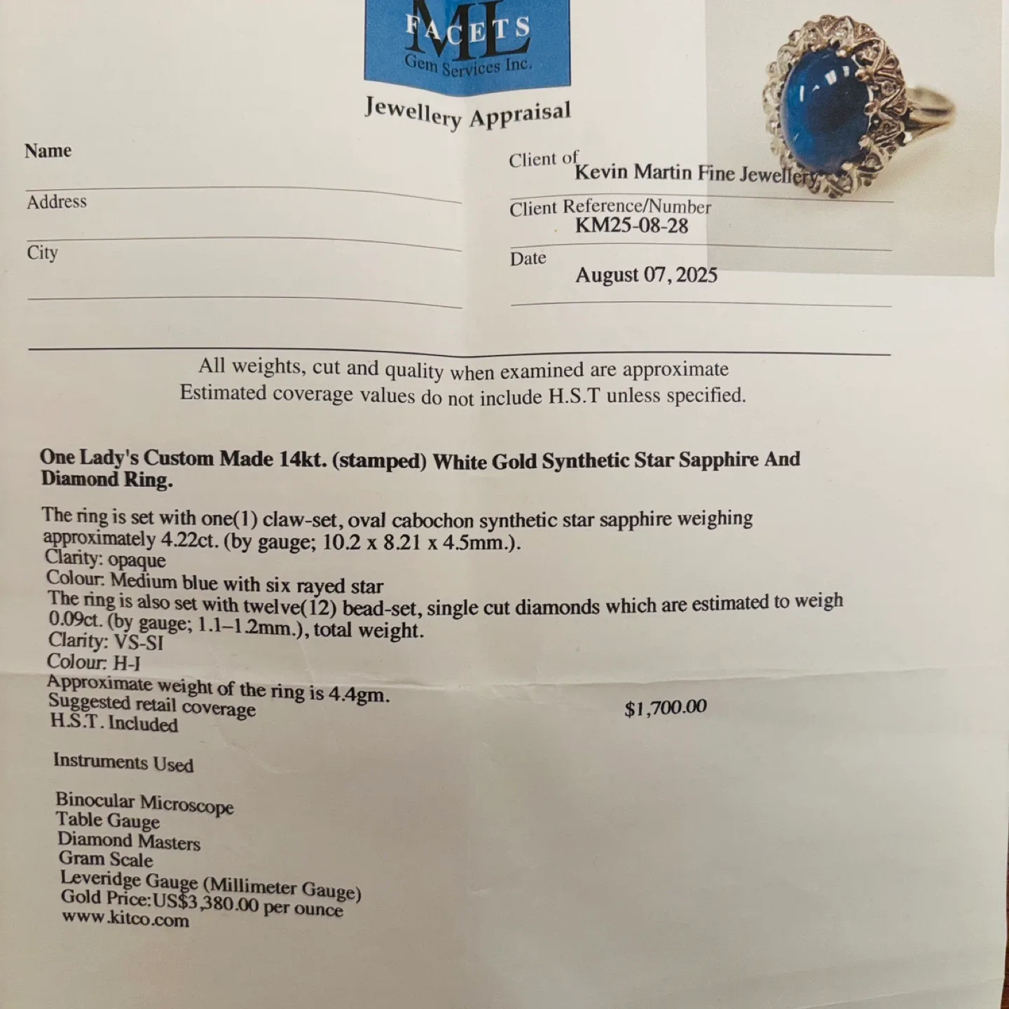 $2k Custom 14k White Gold VS Diamond & Saphire Ring image indicator(4)