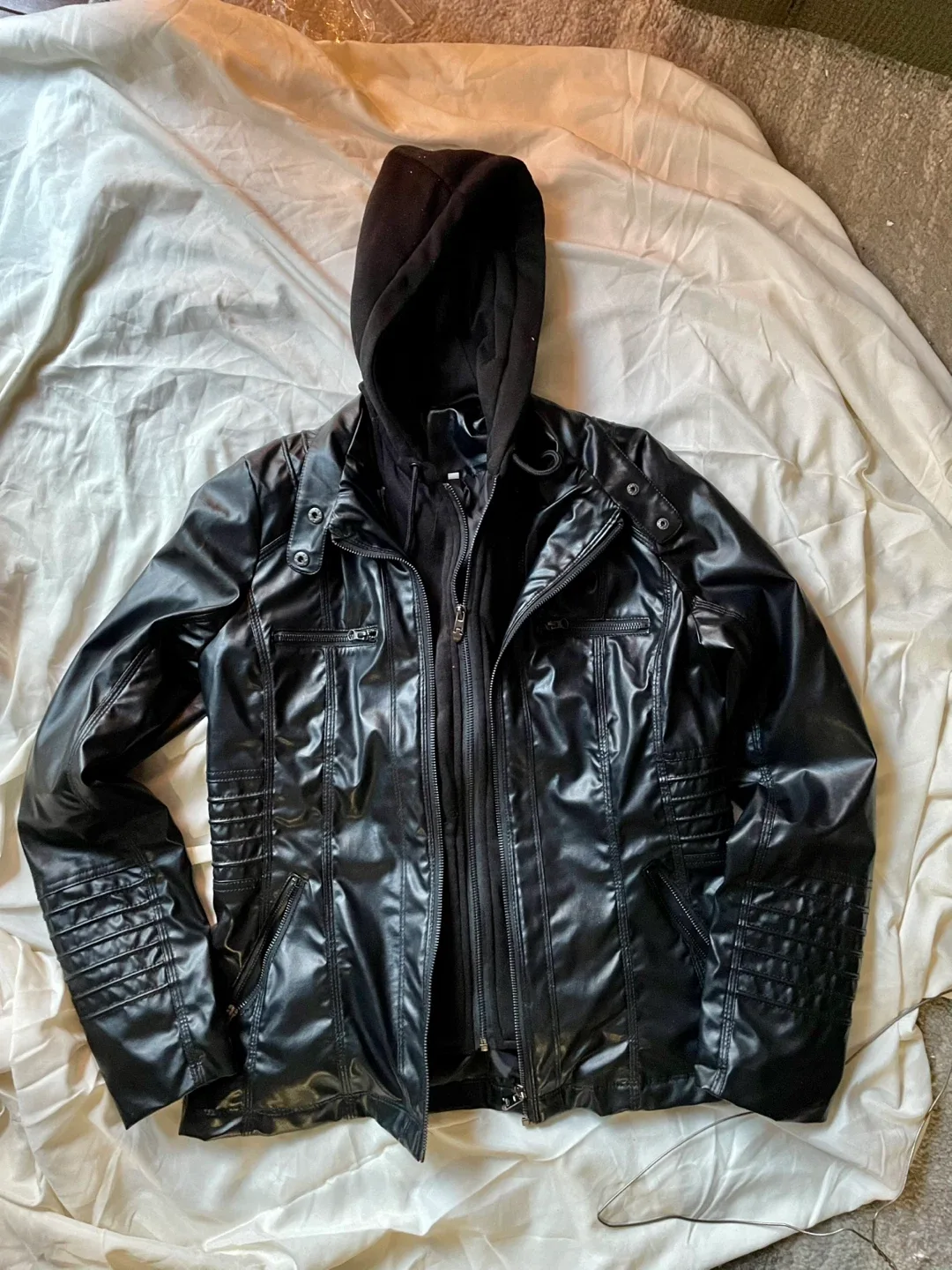 #Cleanout Black Faux Leather Jacket with Hood