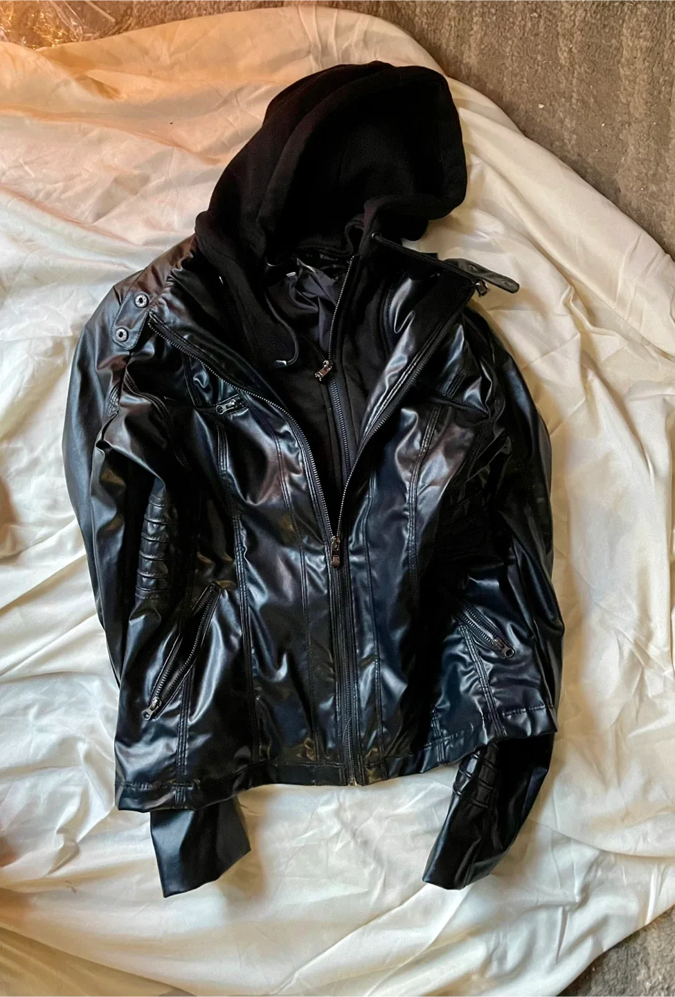 #Cleanout Black Faux Leather Jacket with Hood image indicator(3)