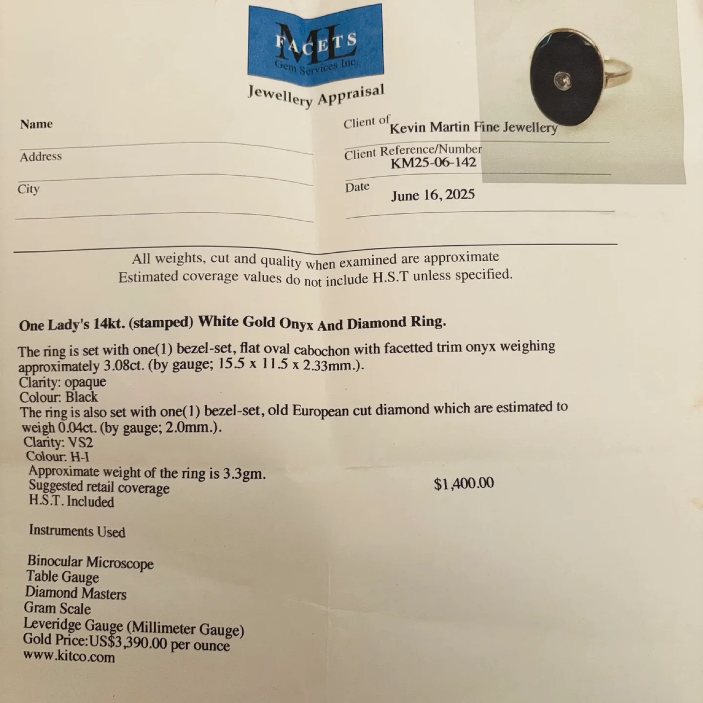 $1.6k 14k White Gold VS2 Diamond & Onyx Ring image indicator(3)