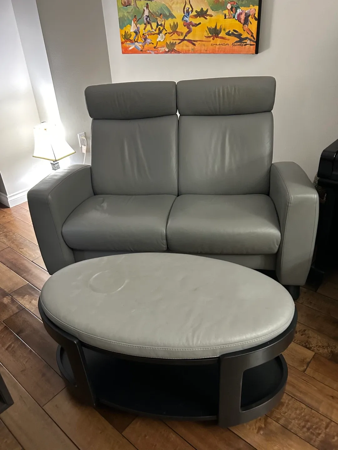 Grey Green Leather Loveseat and Ottoman Set