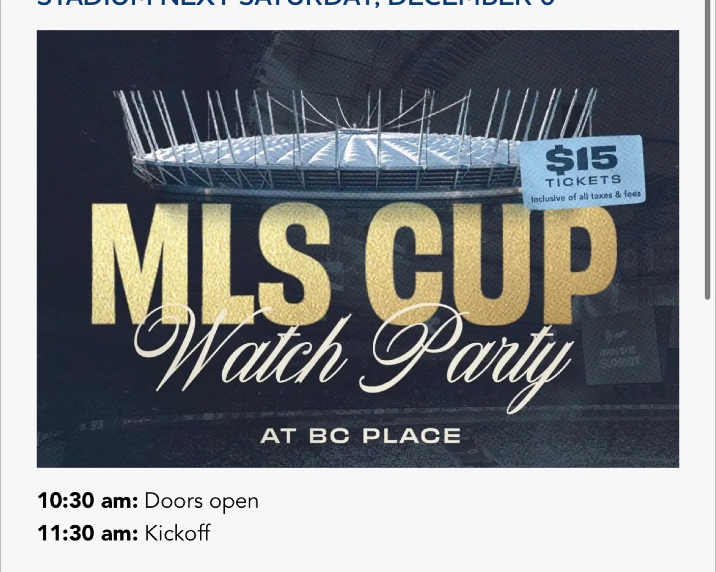 MLS Cup Whitecaps Watch Party Ticket - $15