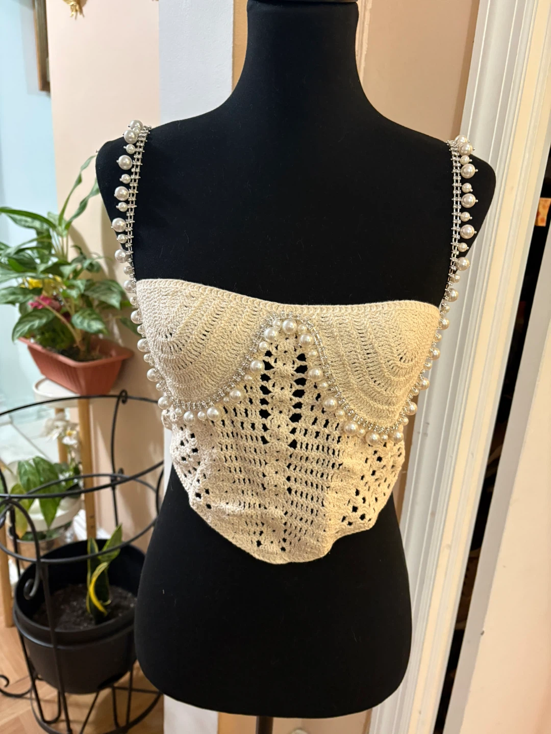 Crochet Pearl Embellished Corset Top size S/M