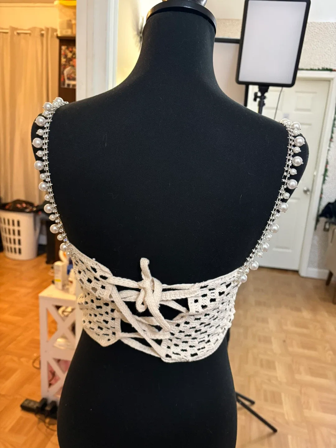 Crochet Pearl Embellished Corset Top size S/M image indicator(3)