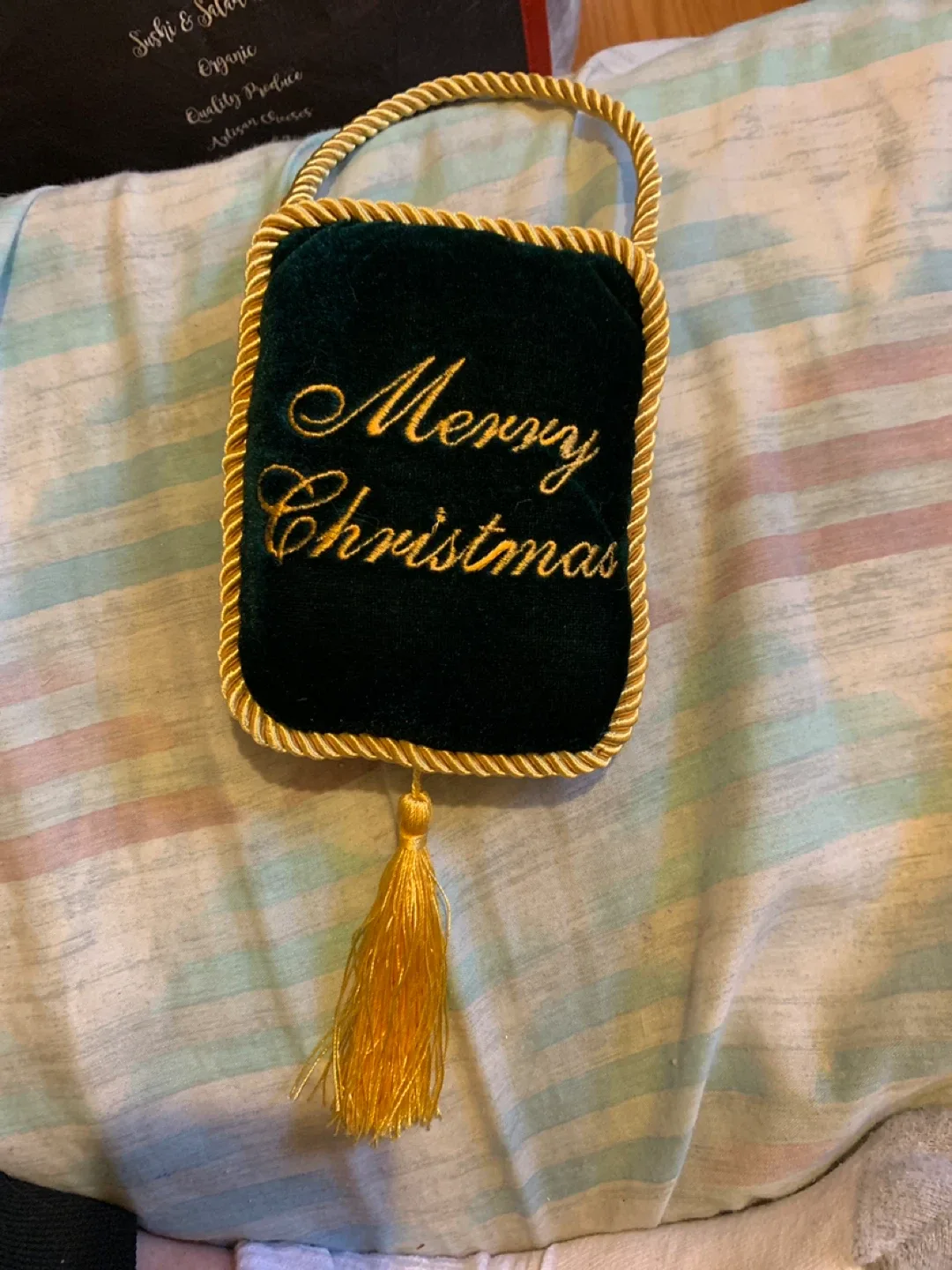 Merry Christmas Green Velvet Ornament