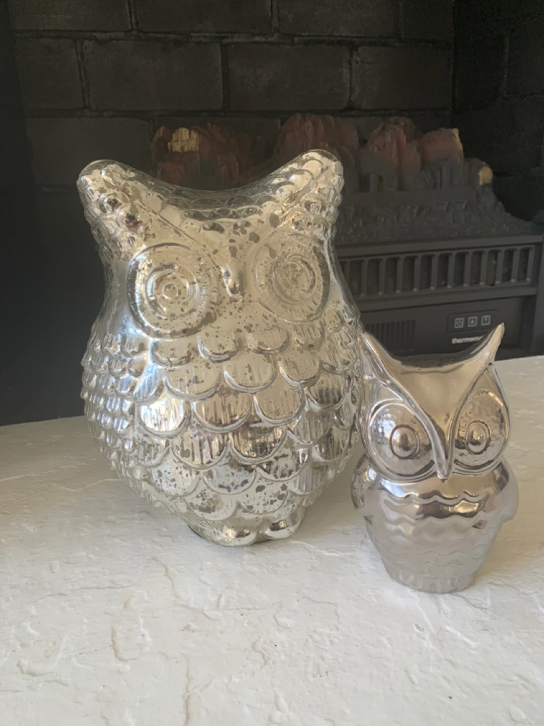 Silver Mercury Glass Owl Figurines - Set of 2