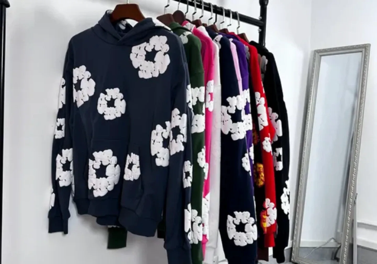 Denim Tears Hoodie Black with White Floral Design image indicator(2)