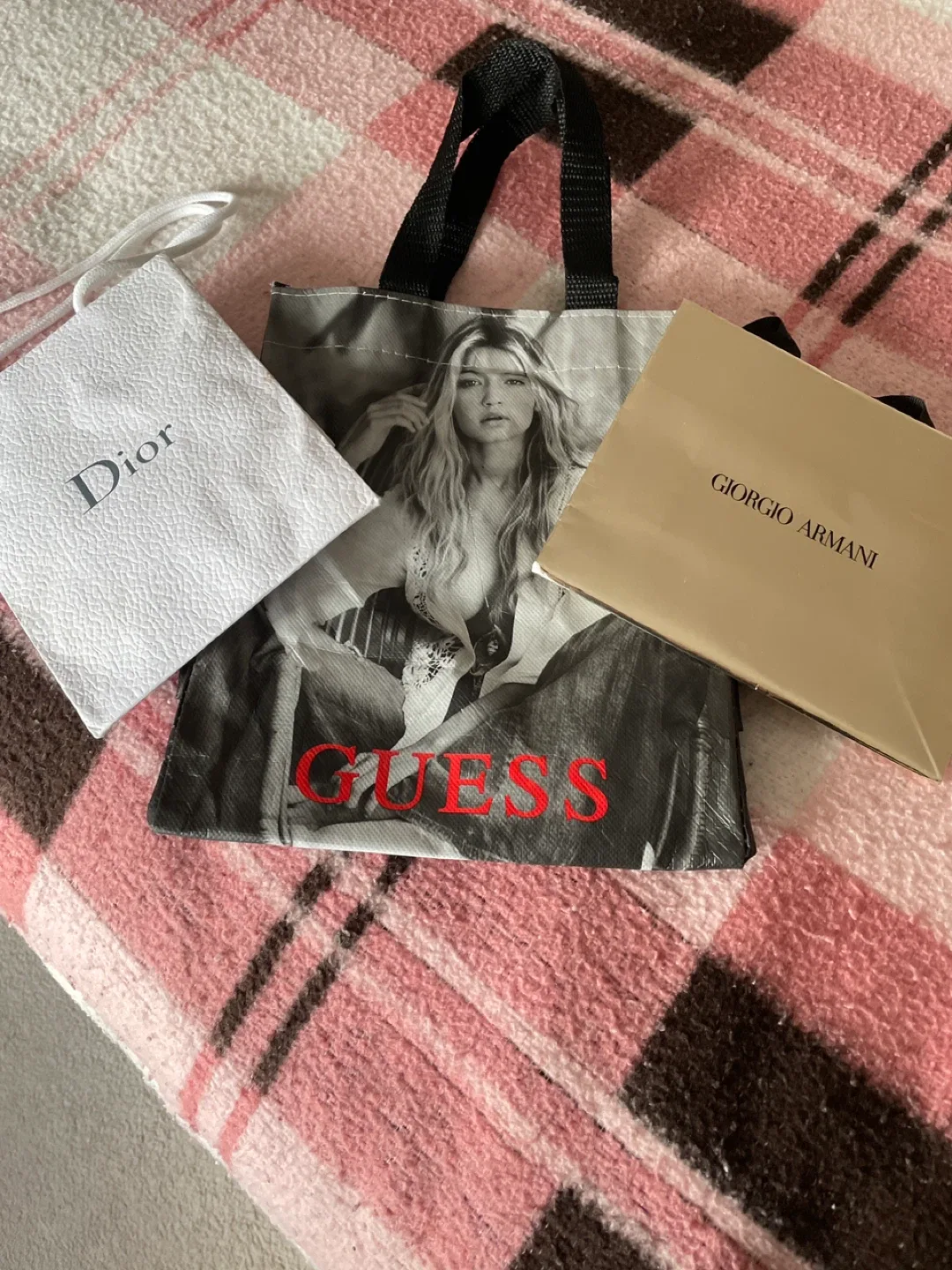 Guess, Giorgio Armani, Dior empty Bags