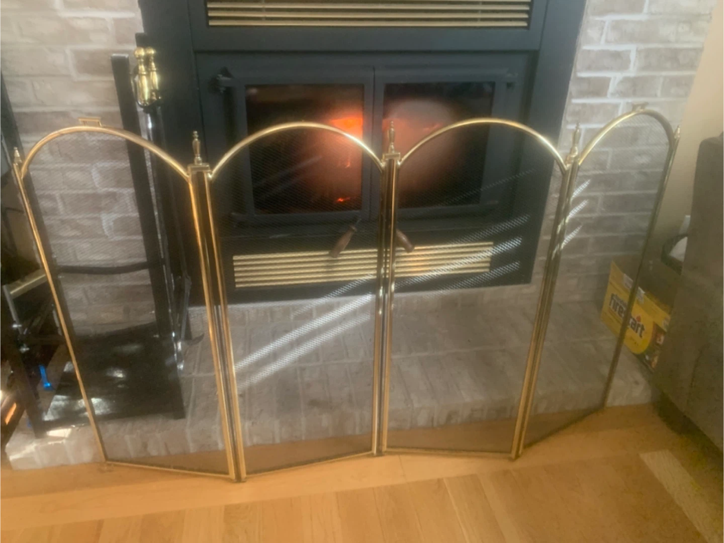 Folding Fireplace Screen - black screen ,gold frame