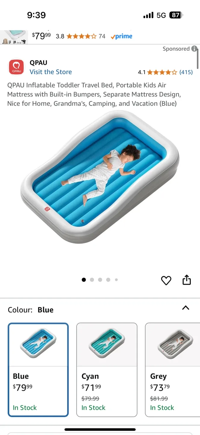 QPAU Inflatable Toddler Travel Bed - Blue