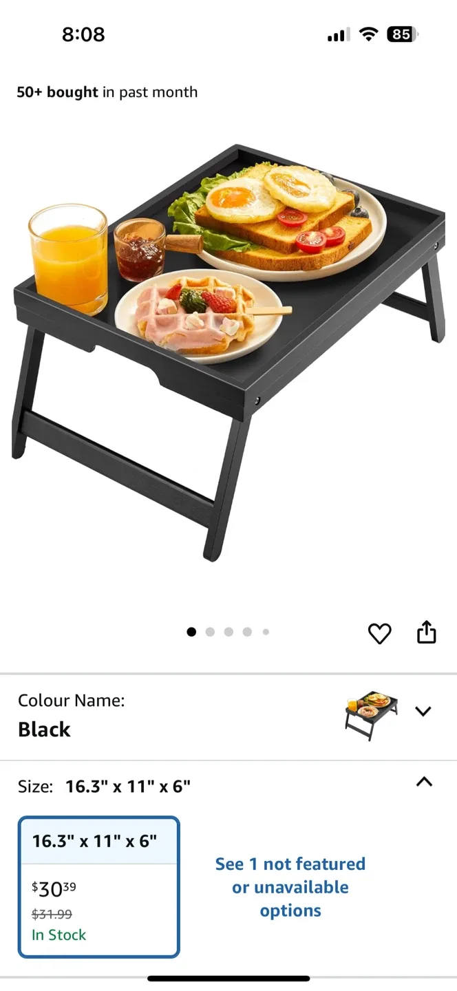 Black Breakfast Table Tray with Folding Legs - 16.3" x 11"