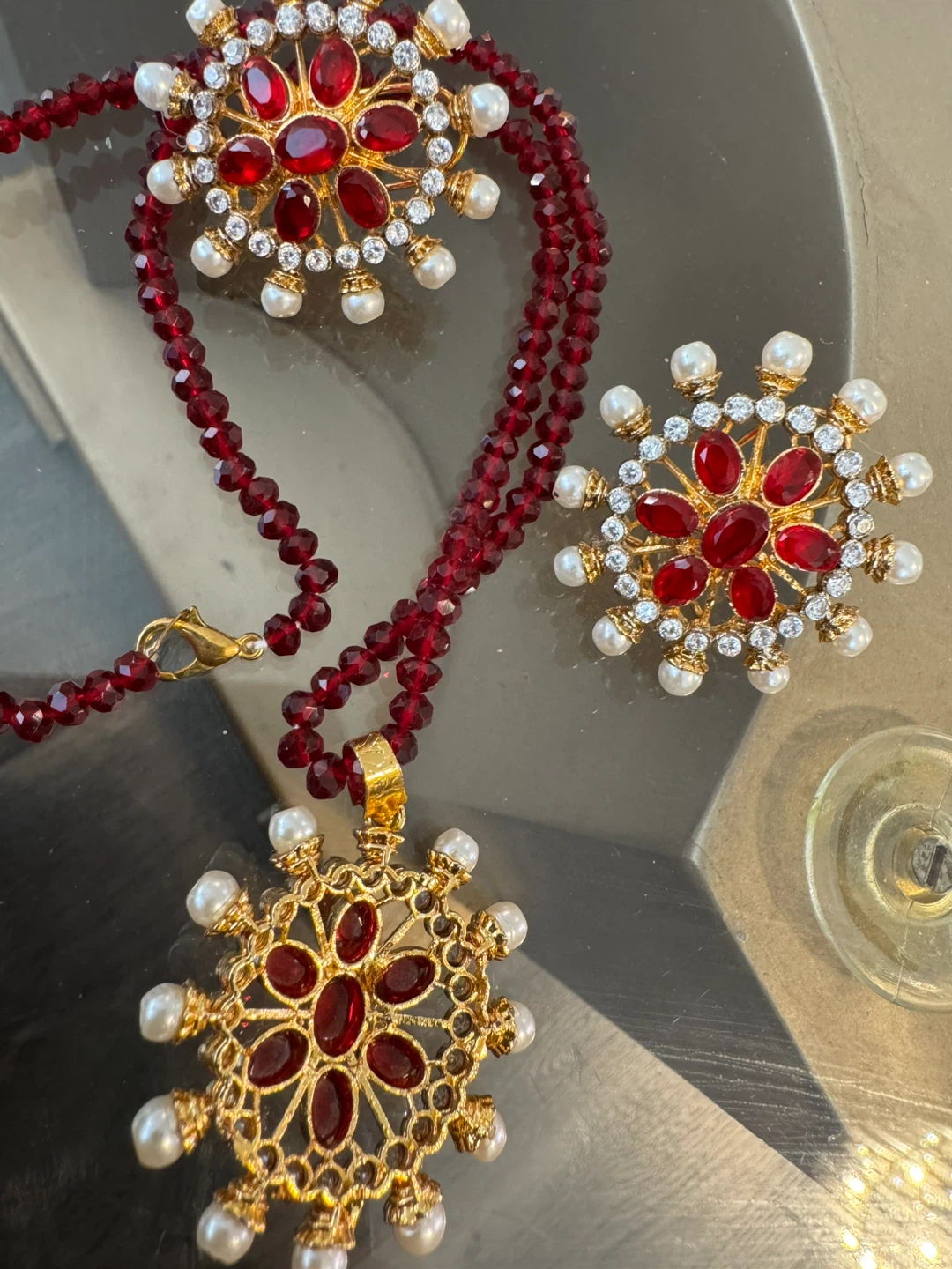 Necklace and Earrings Set - Red, Gold, and Pearl