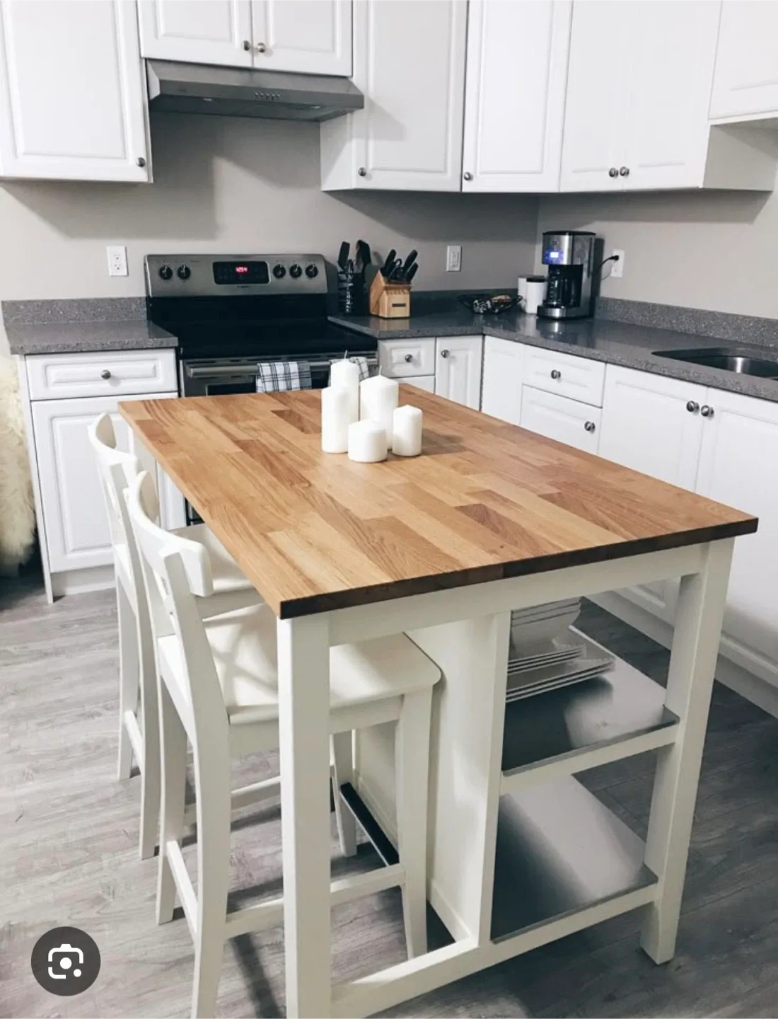 Kitchen Island with Wooden Top & 2 Chairs