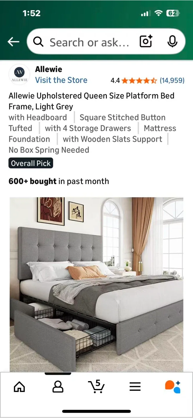 ALLEWIE Upholstered Queen Bed Frame Light Grey