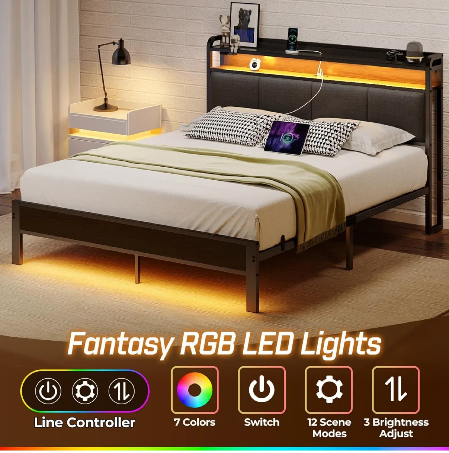 Full Size Bed Frame w/ Storage & RGB Lights - NEW