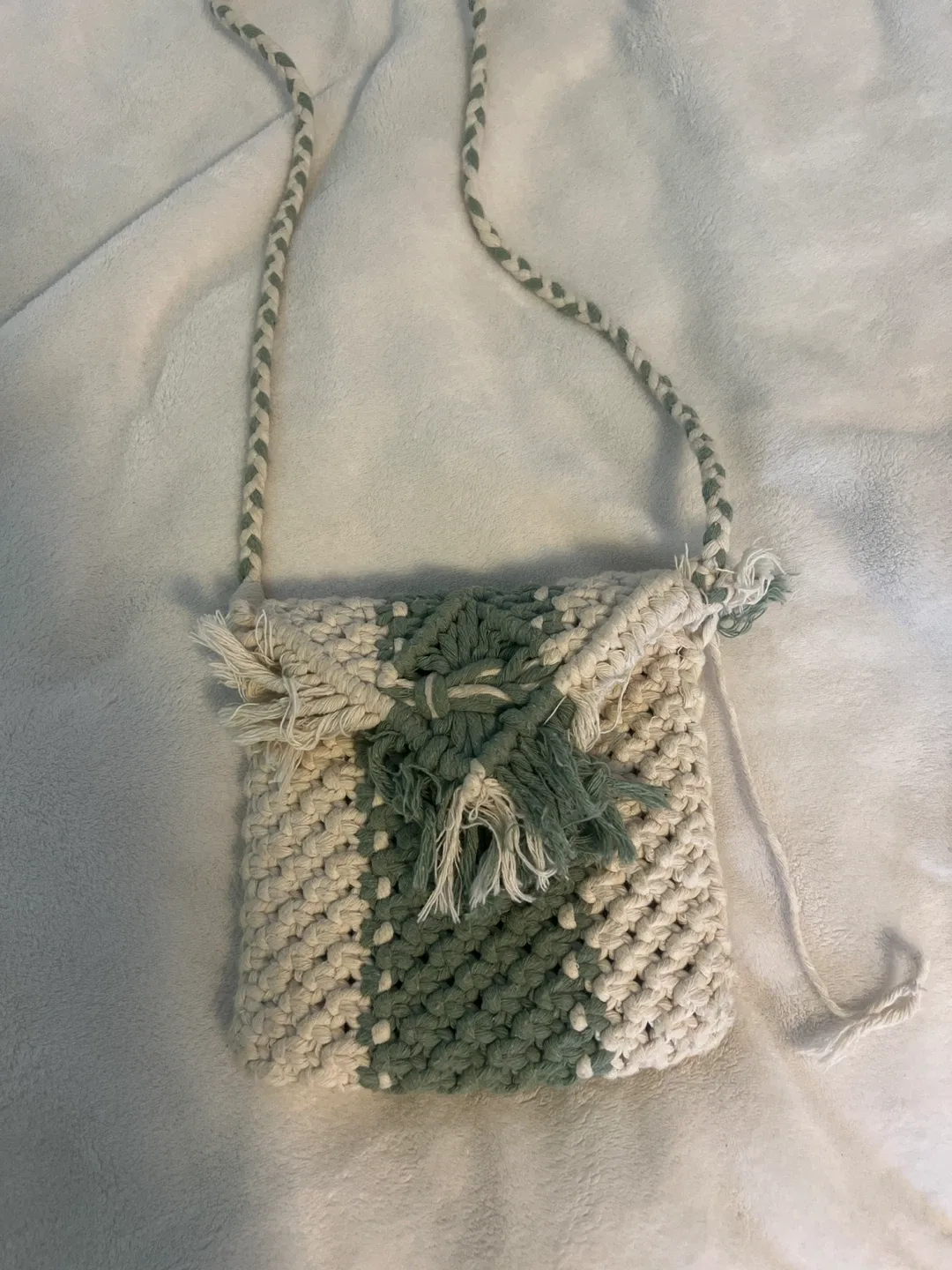Handmade Crochet Crossbody Bag - Green & Beige