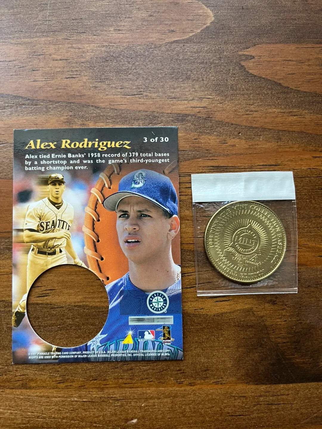 1997 Alex Rodriguez Mariners Pinnacle Mint Baseball Card & Coin image indicator(2)