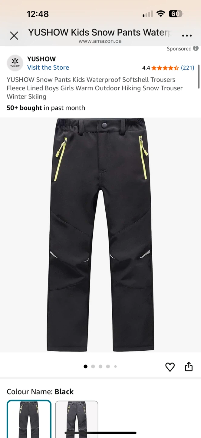 New Yushow Kids Snow Pants Waterproof Black Size 10
