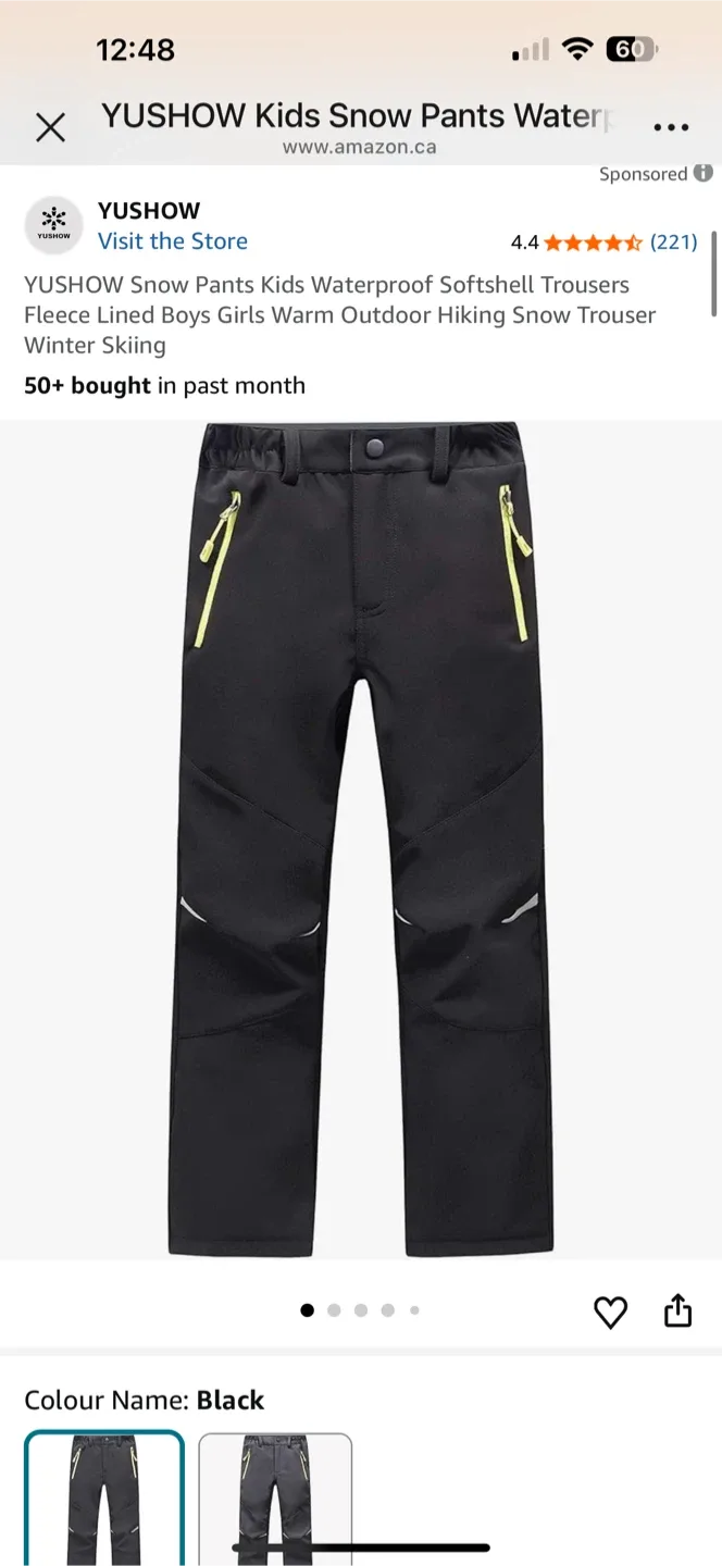 New Yushow Kids Snow Pants Waterproof Black Size 10