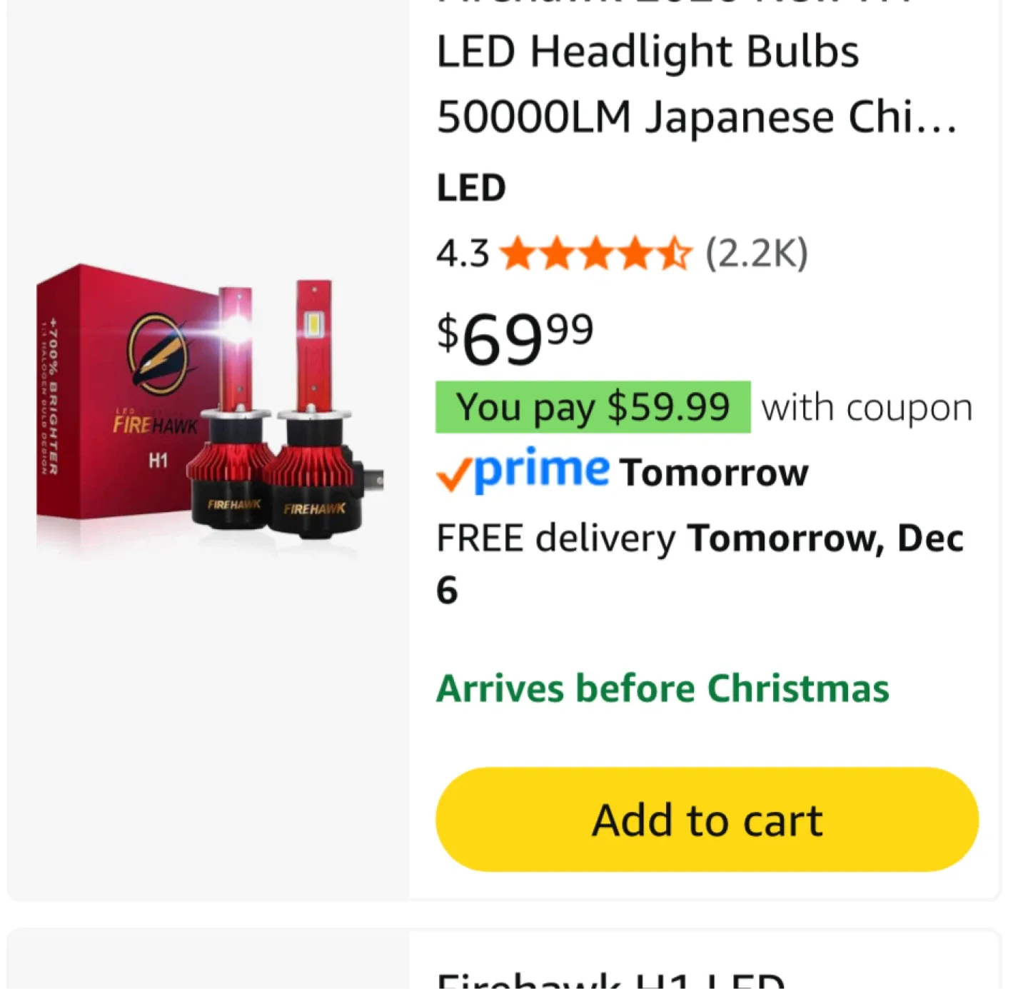 Firehawk H1 LED Headlight Bulbs - New