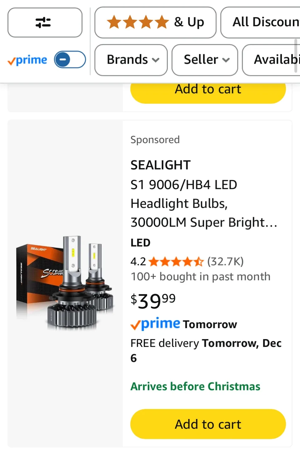 SEALIGHT S1 9006/HB4 LED Headlight Bulbs