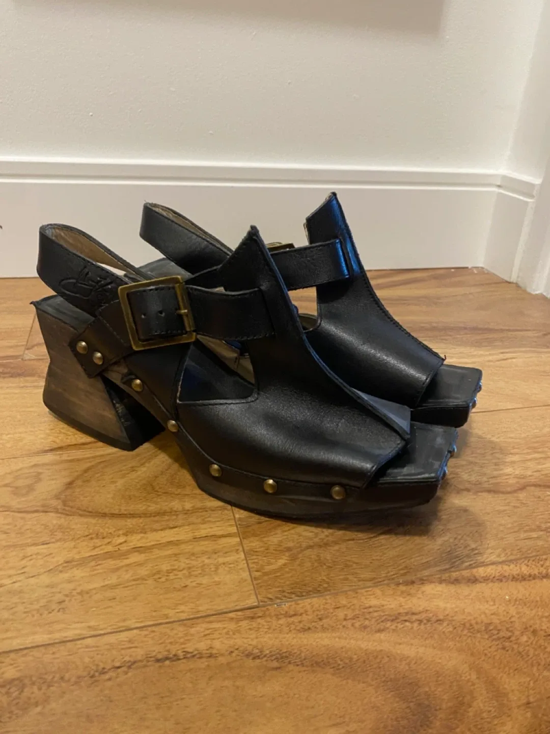 John Fluevog Black Leather Heels Wood Sole Clog
