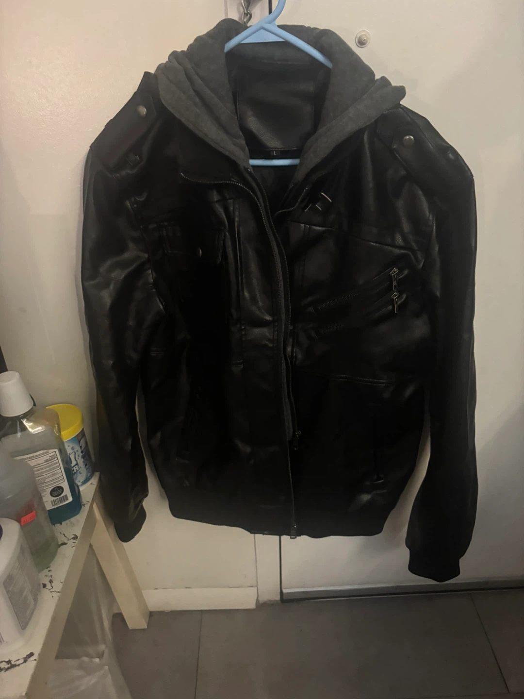 Black Leather Jacket with Gray Hood - Size L - photo 5