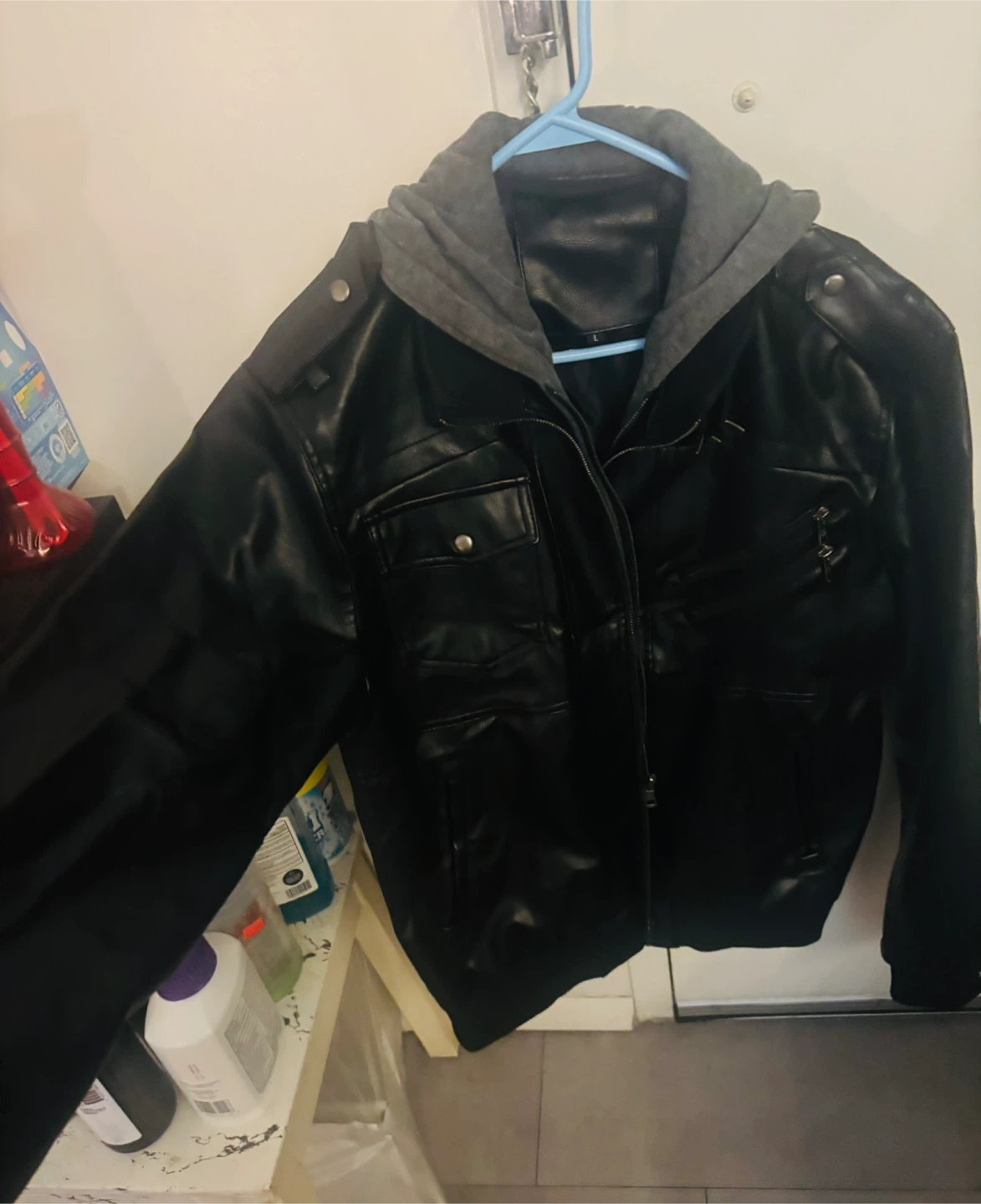 Black Leather Jacket with Gray Hood - Size L