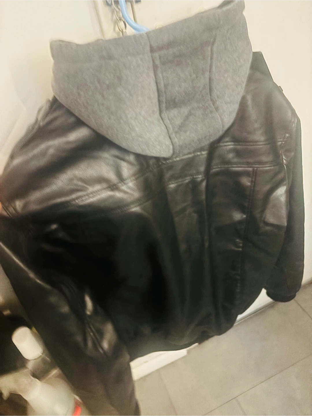 Black Leather Jacket with Gray Hood - Size L - photo 3