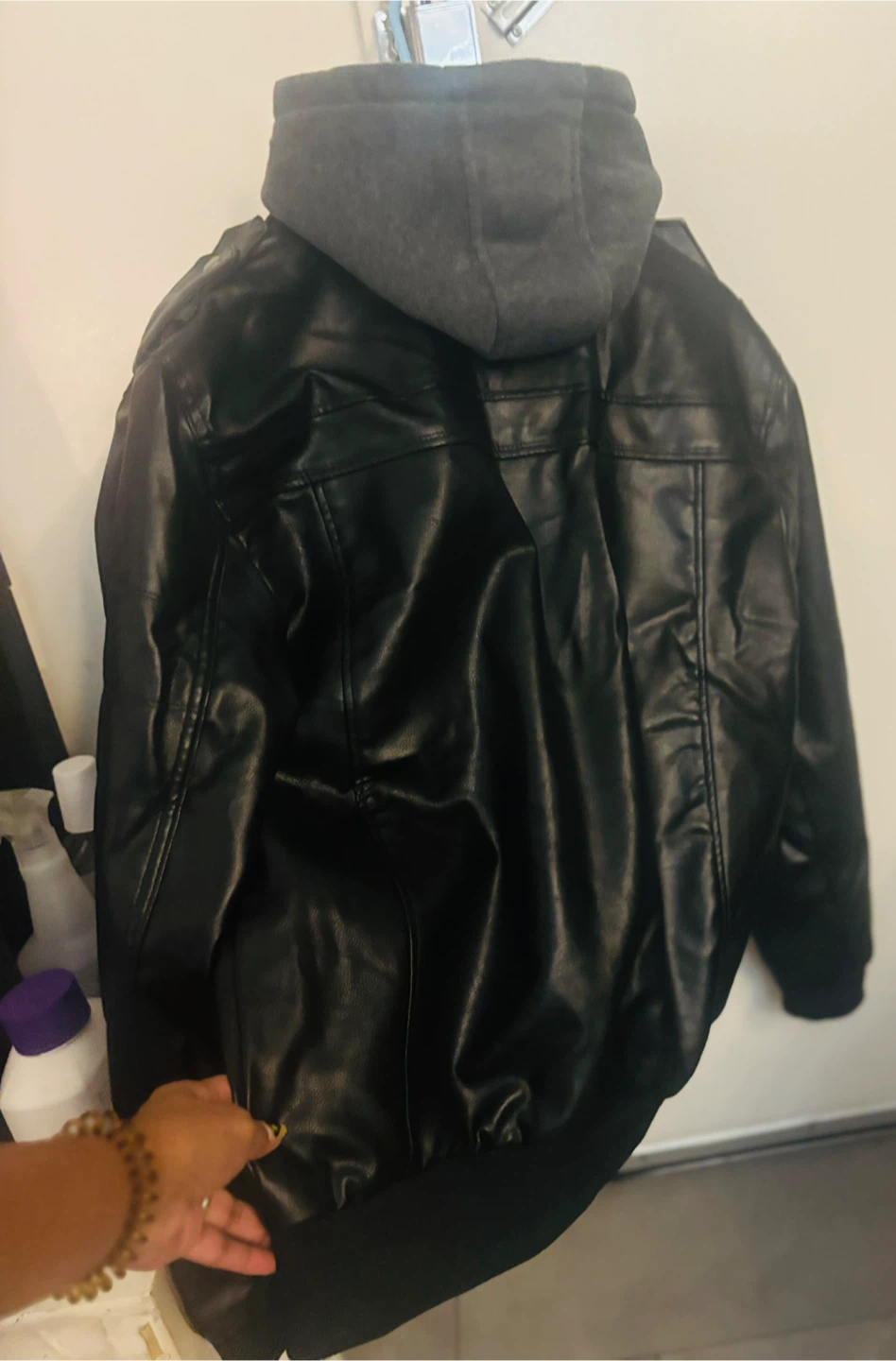 Black Leather Jacket with Gray Hood - Size L - photo 2