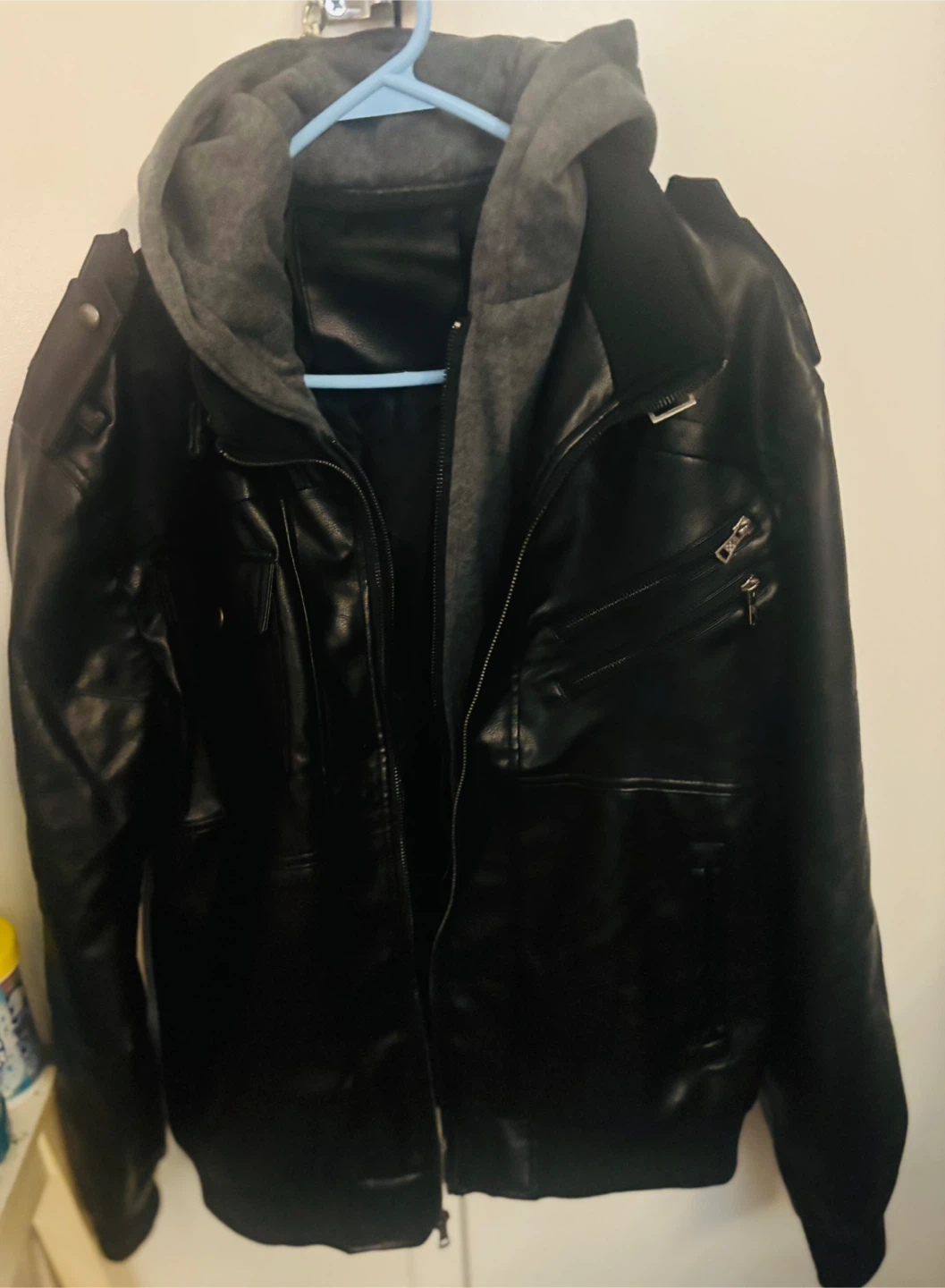 Black Leather Jacket with Gray Hood - Size L - photo 4