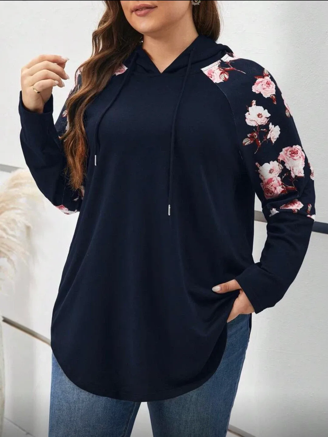 Navy Floral Sleeve Hoodie, Size 4XL