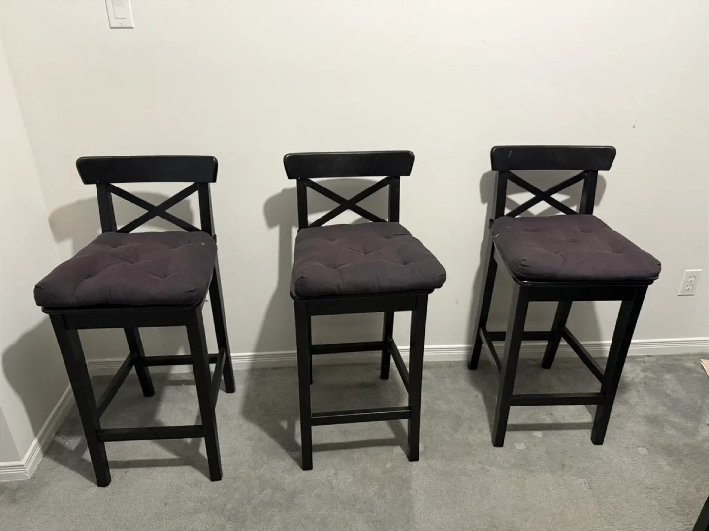 Set of 3 Black Bar Stools with Cushions