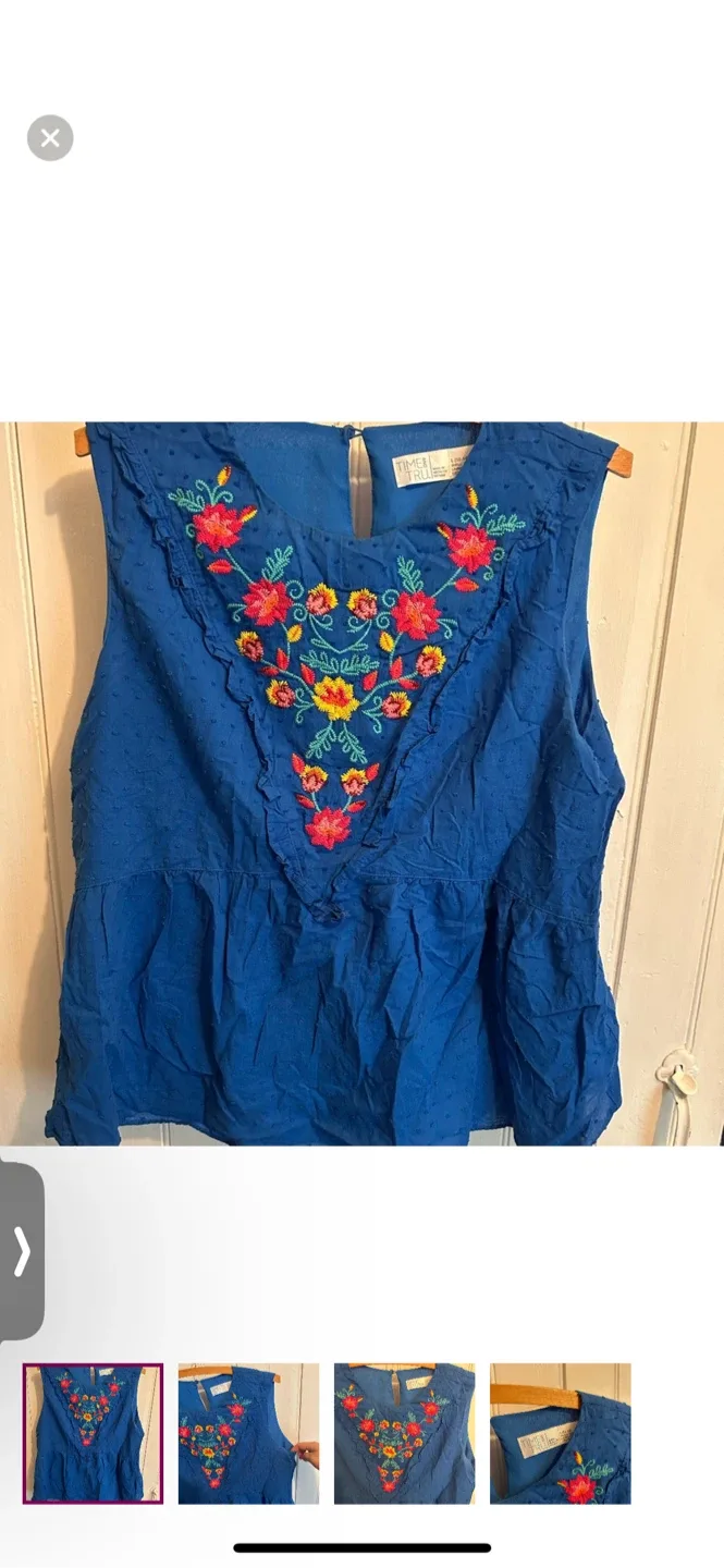 Time and Tru Blue Embroidered Top - Size L