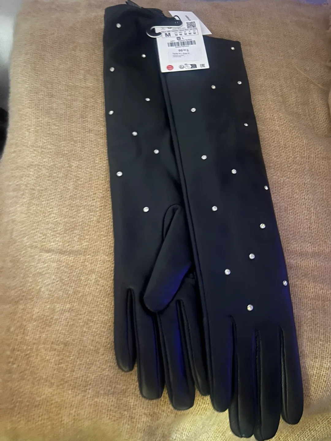 New Tags!!! Zara Black Leather w/ Rhinestone Gloves 🎁 image indicator(3)