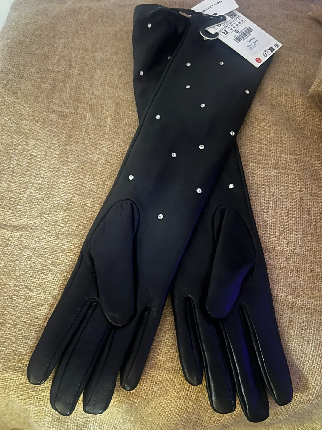 New Tags!!! Zara Black Leather w/ Rhinestone Gloves 🎁 image indicator(2)